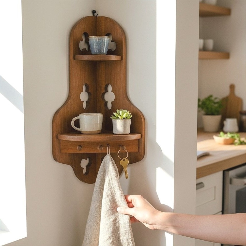 Vintage Wood Corner Shelf, 2-Tier Wall Mount, Kitchen Curio, Storage, Key Hooks